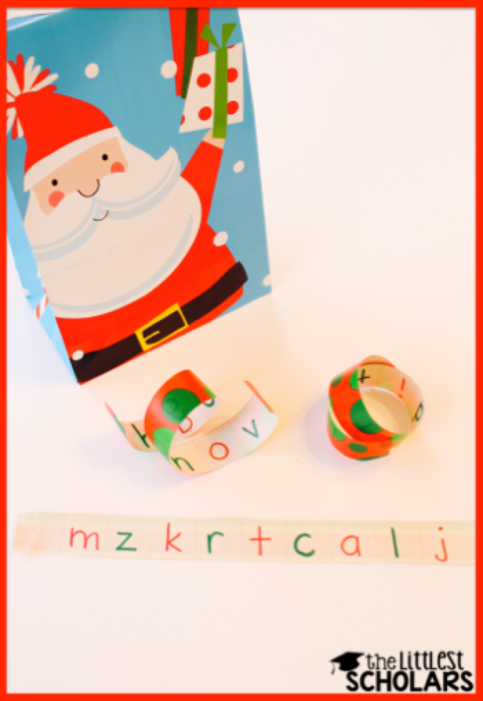 Write letters on several strips of scrap wrapping paper and put them in a cute holiday bag. Students can pull out a strip and say the letter names or letter sounds as quickly as they can. Write letters on several strips of scrap wrapping paper and put them in a cute holiday bag. Students can pull out a strip and say the letter names or letter sounds as quickly as they can.